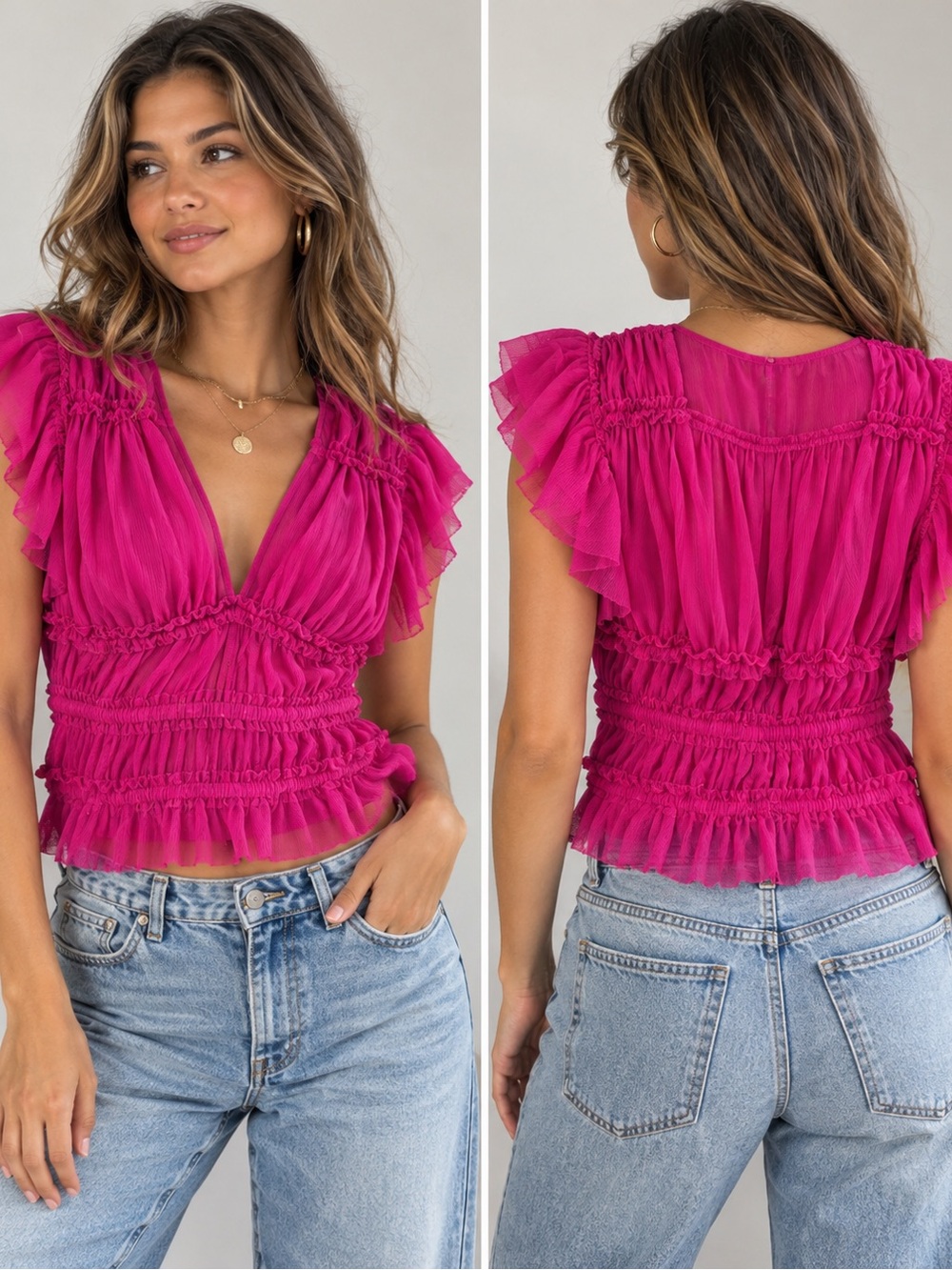 Free People Fuchsia Ruffled Smocked Peplum Blouse
